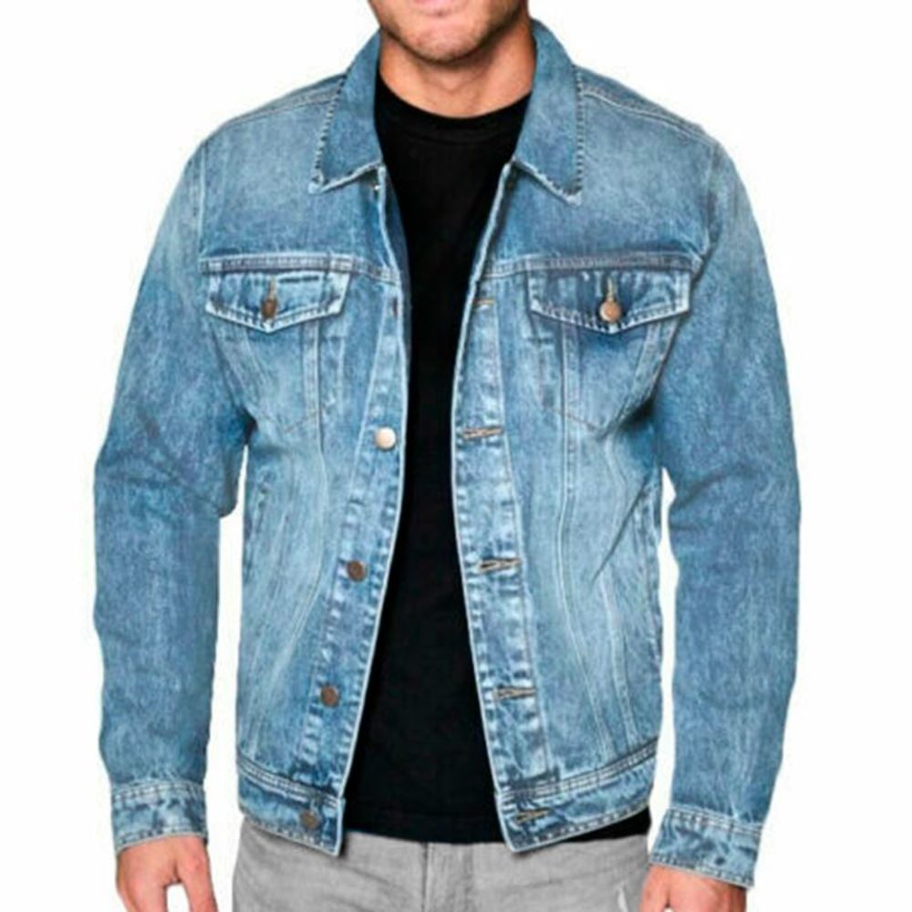Mens Premium Cotton Faded Denim Jean Button Up Slim Fit Jacket Light Blue